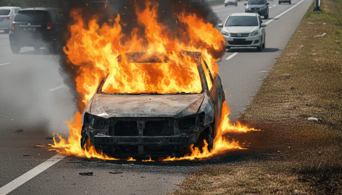 Mobil Terbakar di Tol Purbaleunyi KM 126, Damkar Cimahi Gerak Cepat Padamkan Api